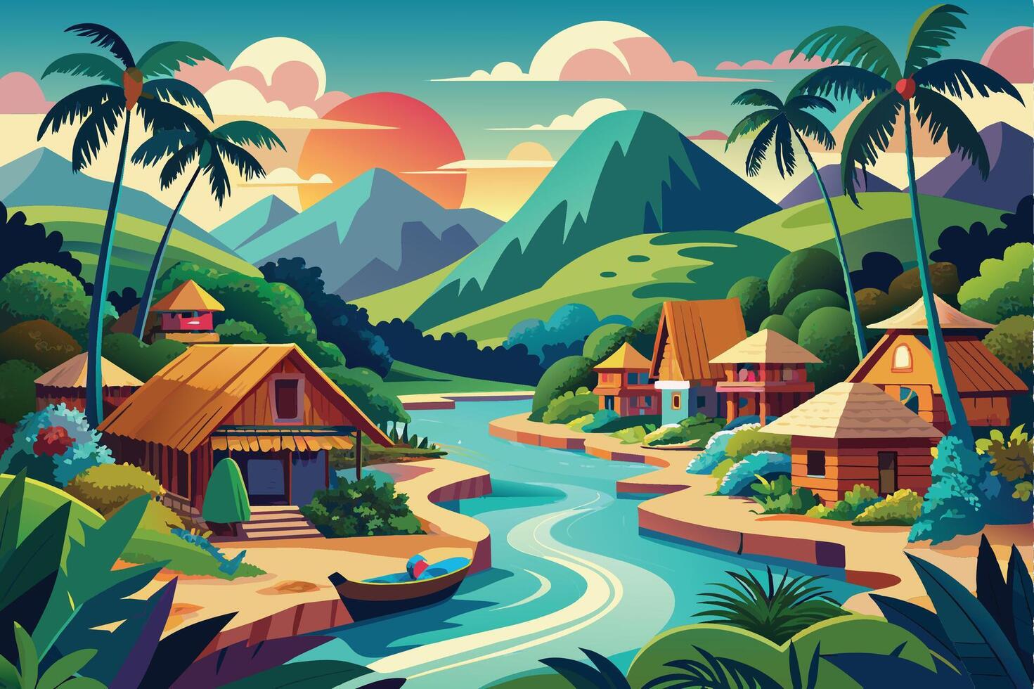 A vibrant, cartoon-style illustration of a tropical village nestled amongst verdant hills and a winding river, as the sun sets over the horizon. vector