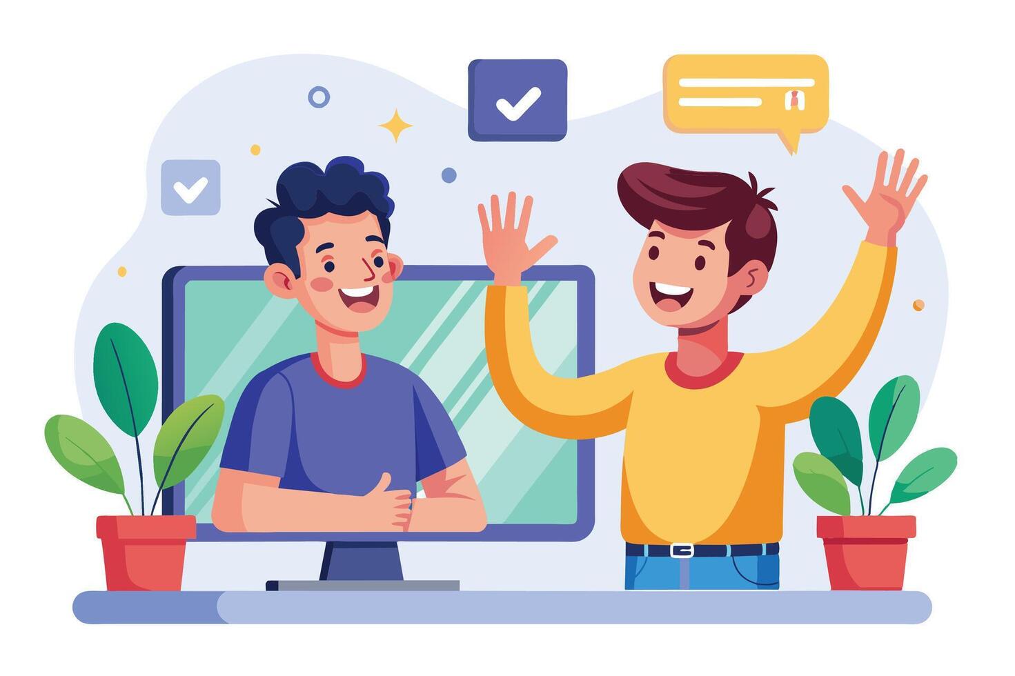 Two boys in a call wave to each other. One in a blue shirt on screen, the other in yellow off screen, both smiling widely. vector