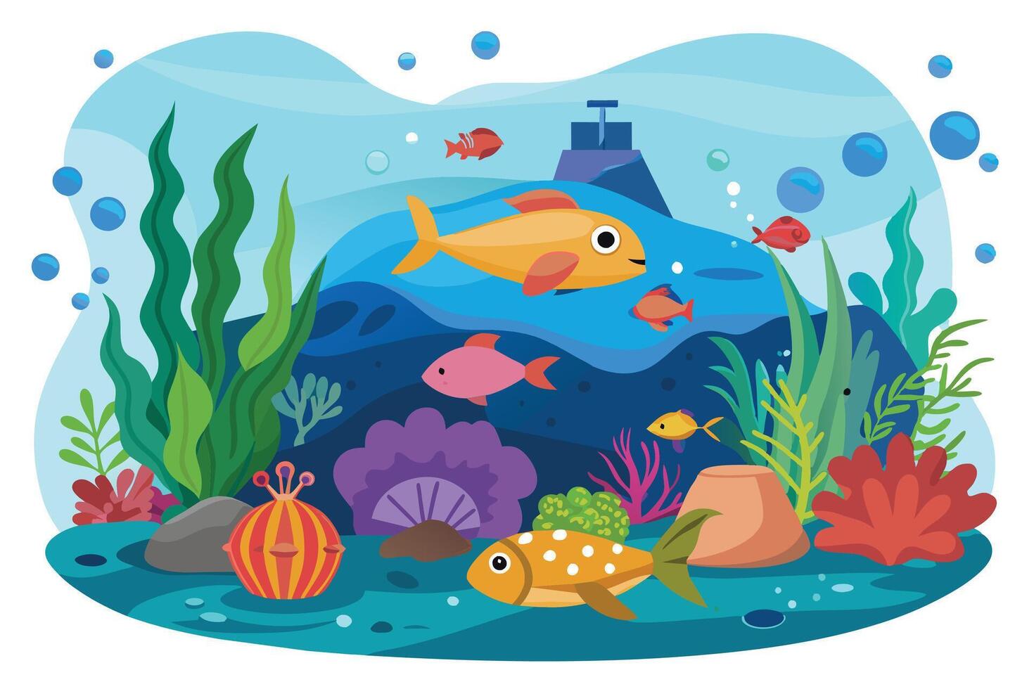 An illustration of colorful fish swimming in a vibrant underwater scene with sea plants, coral reefs, and bubbles. vector