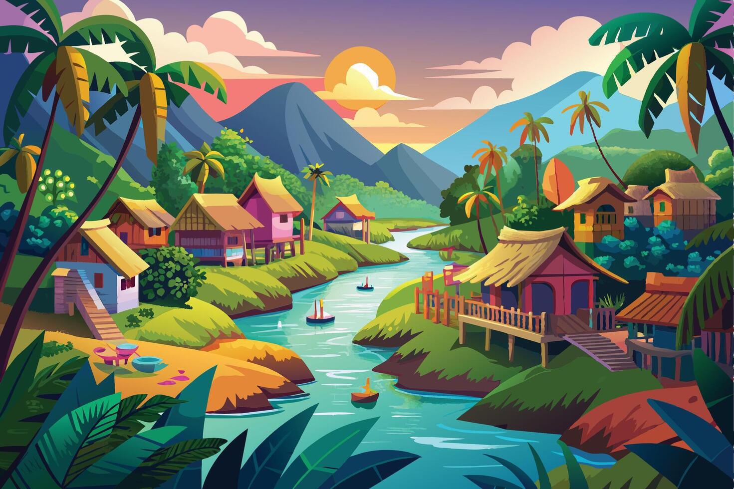 A tranquil tropical village nestled among greenery, palm trees, and winding river, as the sun sets behind distant mountains, casting a warm glow. vector