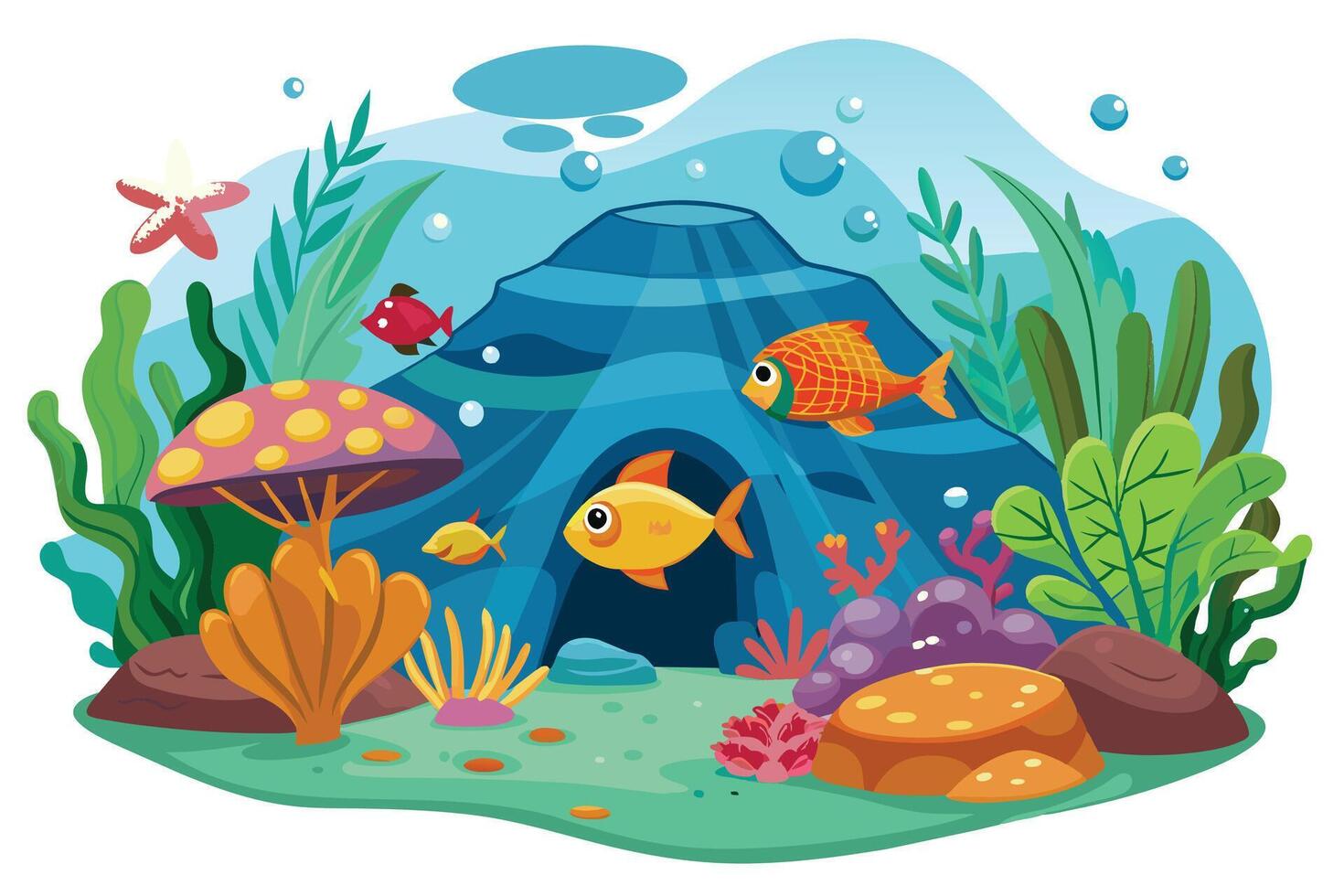 A colorful illustration of a vibrant underwater scene featuring three fish swimming near a large rock, surrounded by seaweed, coral, and other aquatic plants. vector