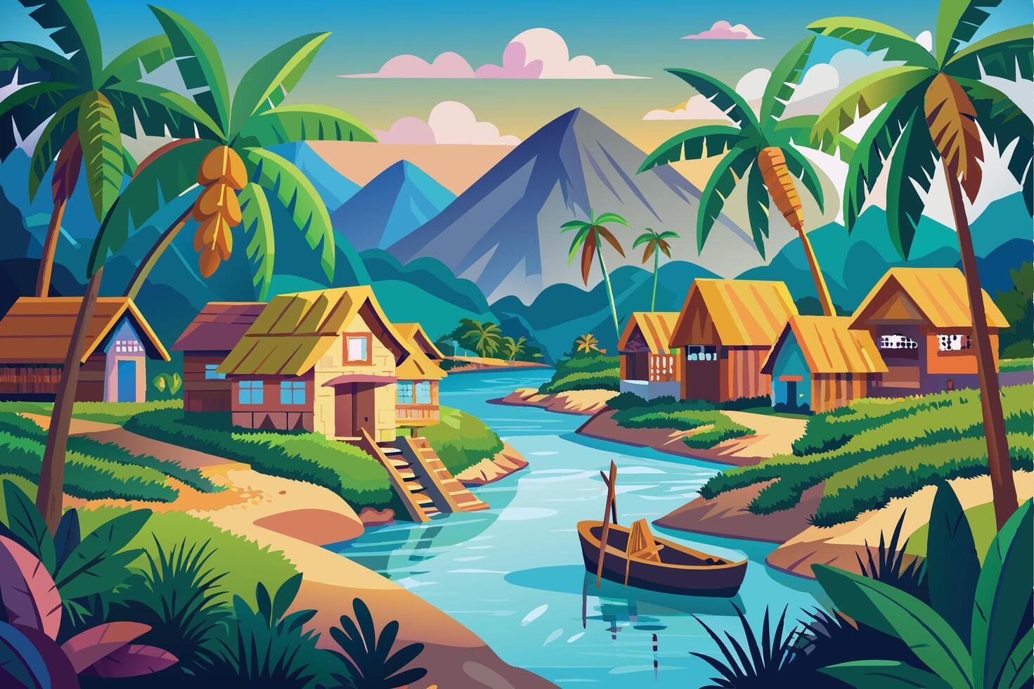 An idyllic tropical village nestled along a meandering river, surrounded by lush palm trees and a towering mountain. vector