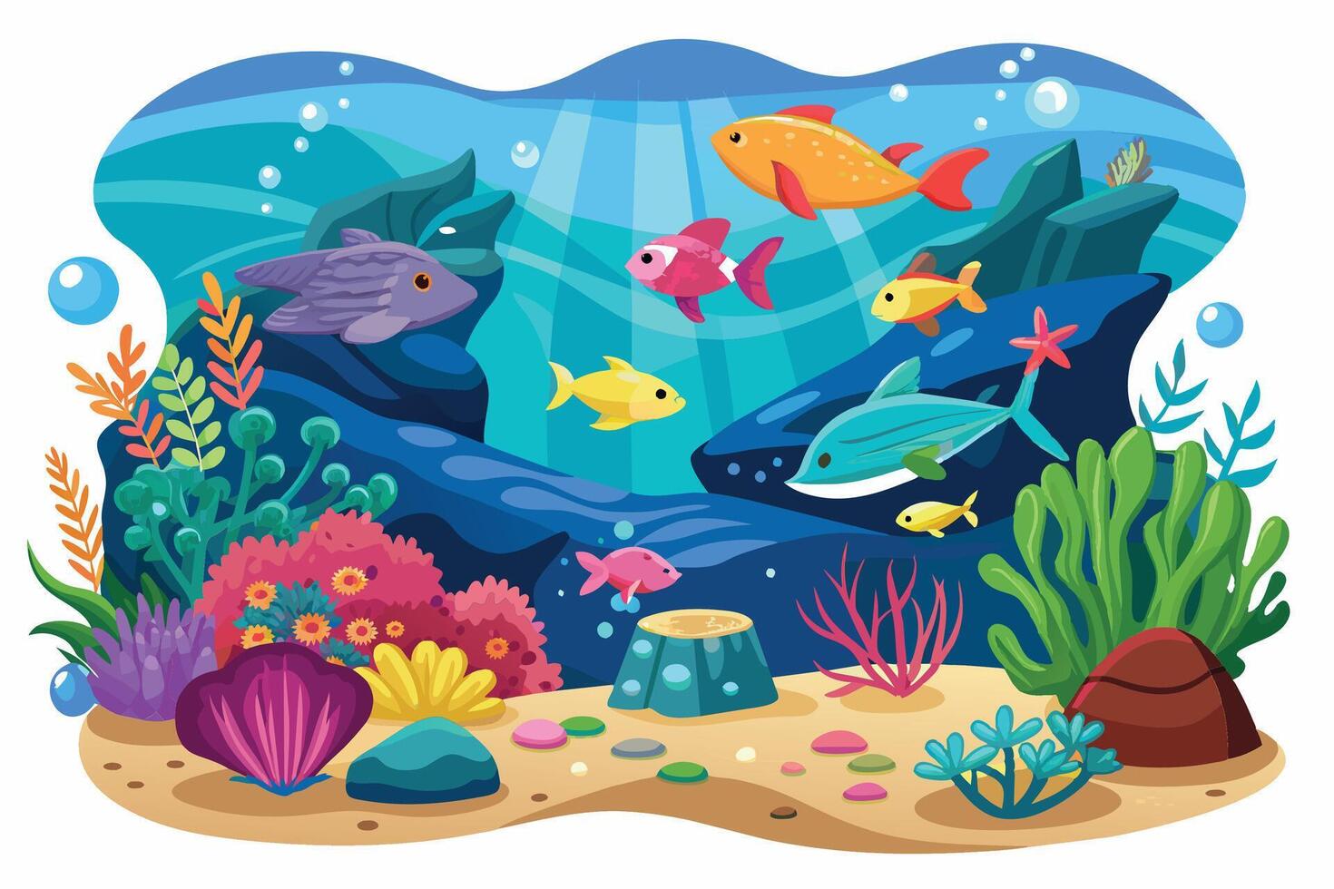 An illustration of an underwater scene with various colorful fish swimming near a coral reef and seaweed. vector