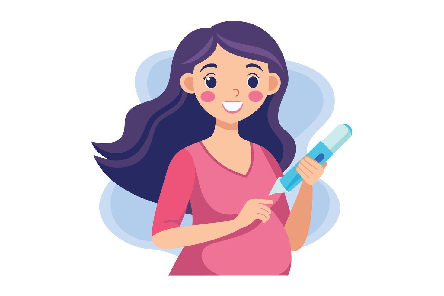 An illustration of a pregnant woman holding a positive pregnancy test, smiling and looking happy. vector