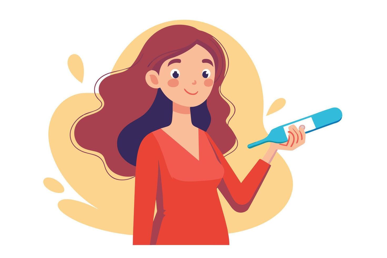 An illustration of a woman in a red dress holding a thermometer in her right hand. She is smiling and looking at the thermometer. vector