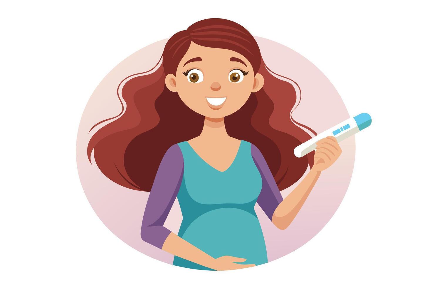 A cartoon illustration of a pregnant woman smiling and holding a positive pregnancy test. vector