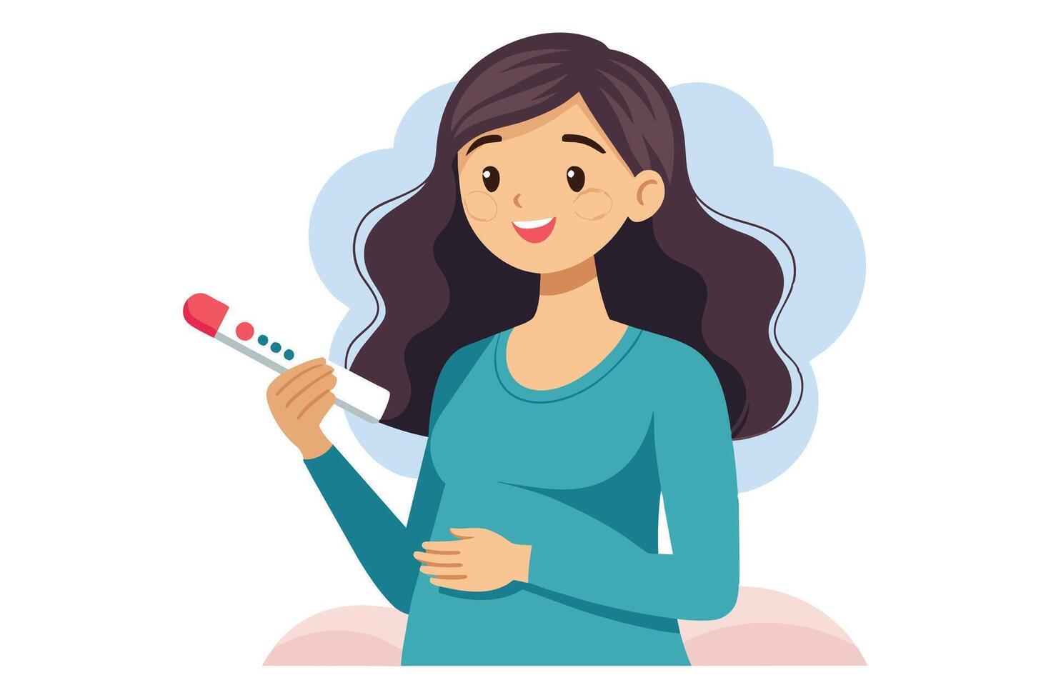 A smiling pregnant woman holds a positive pregnancy test in her hand. vector