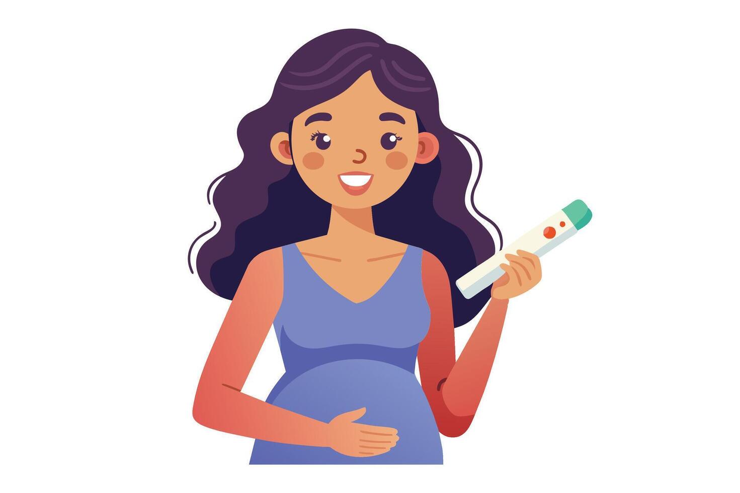 A cartoon illustration of a pregnant woman with long, dark hair smiling and holding a positive pregnancy test. vector