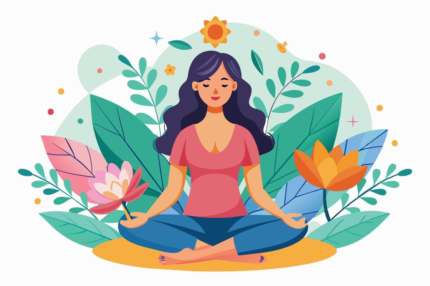 A cartoon illustration of a woman sitting in a relaxed meditation pose surrounded by vibrant greenery and flowers. The image evokes a sense of tranquility and peace. vector