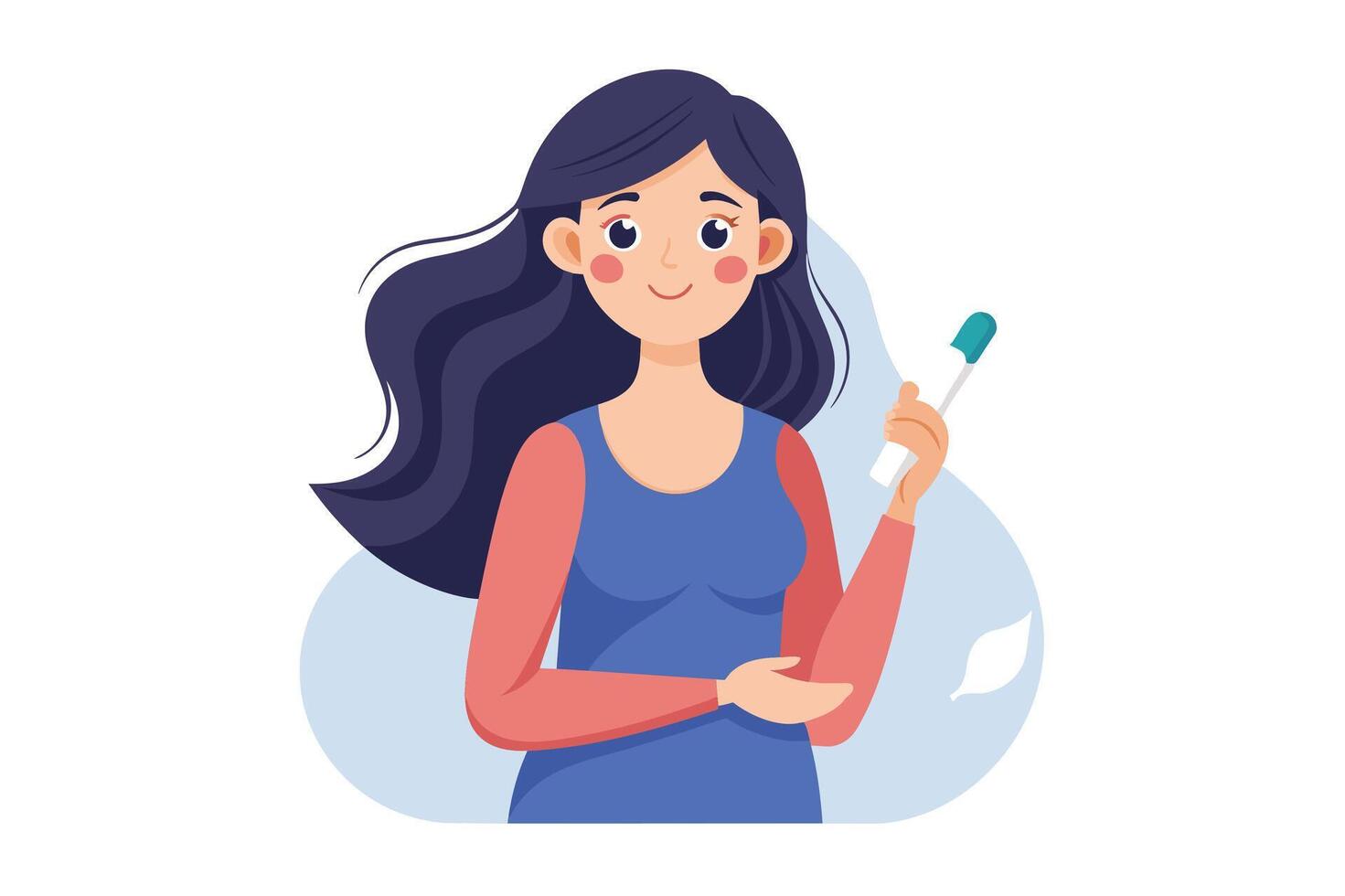 A cartoon illustration of a woman with long dark hair smiling as she holds a pregnancy test in her hand. vector
