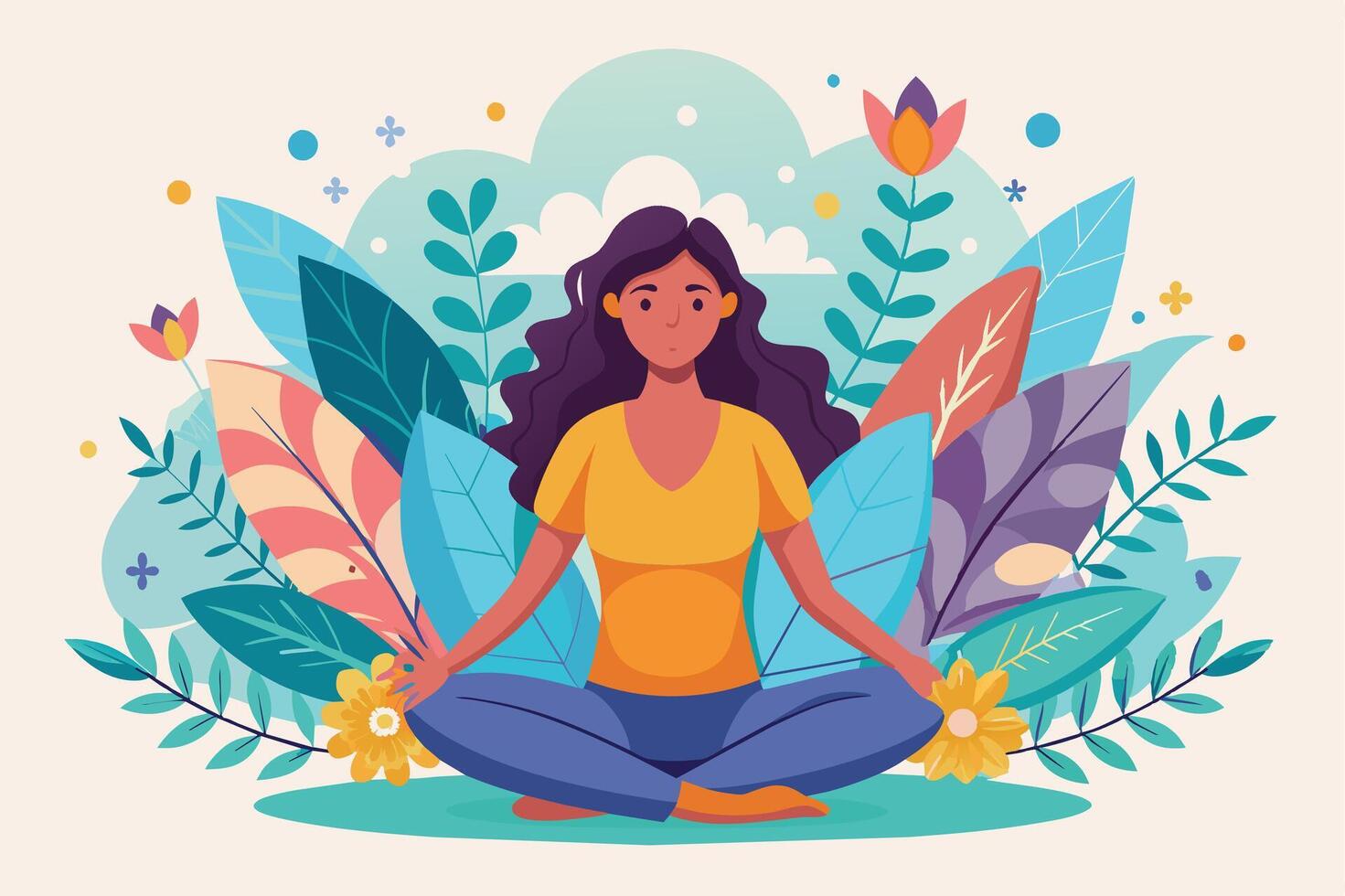 A woman with long dark hair sits in a meditative pose amidst a colorful garden filled with lush green leaves and blooming flowers. vector