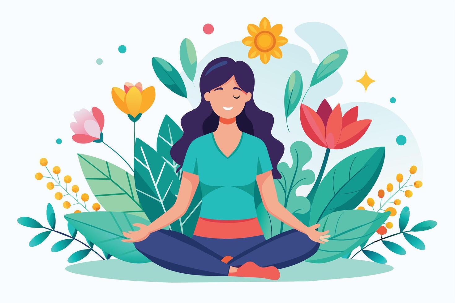 A woman sits in a meditative pose surrounded by colorful flowers and green leaves in a serene garden setting. She is smiling and appears relaxed. vector