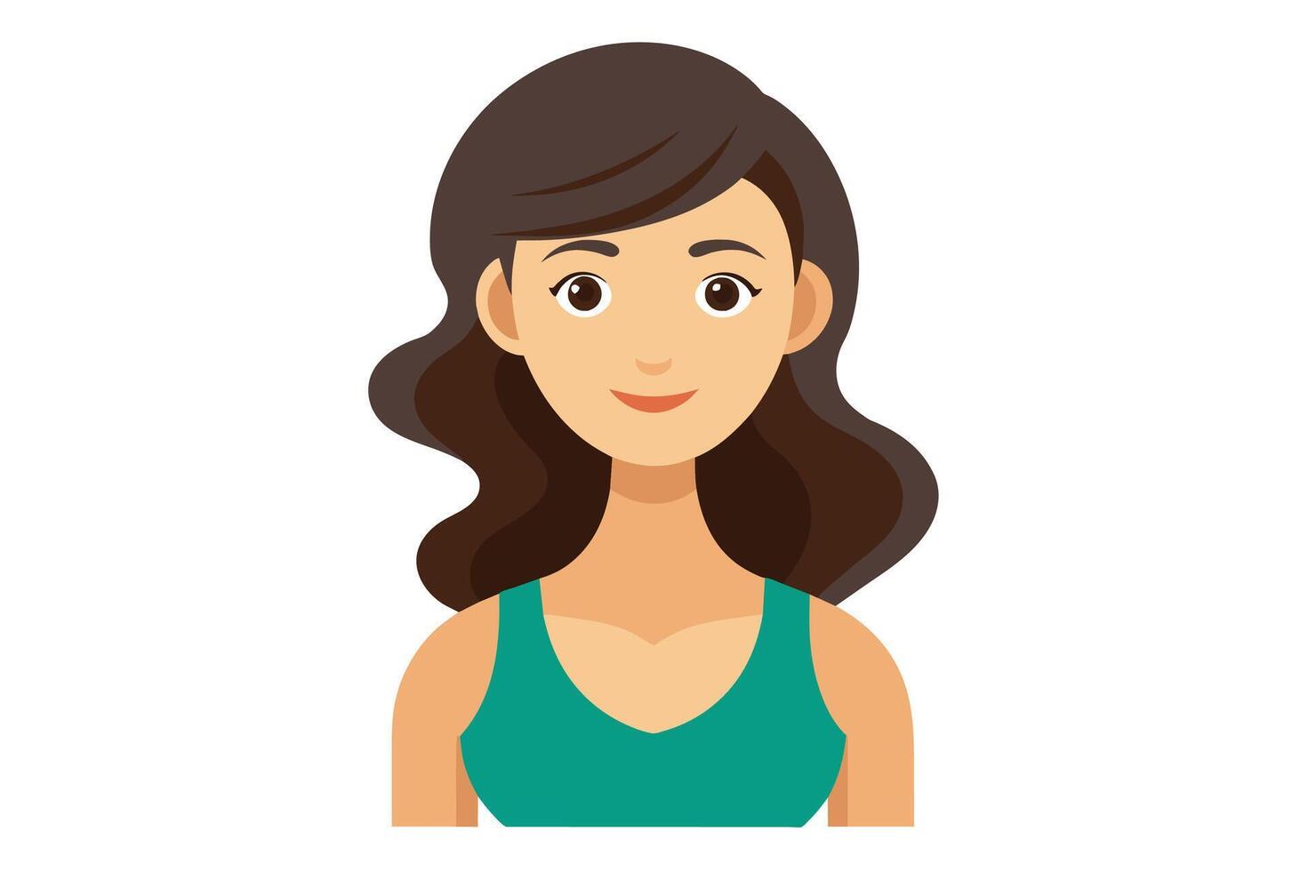 A cartoon illustration of a smiling woman with long brown hair wearing a green tank top. She is facing forward and has a friendly expression. vector