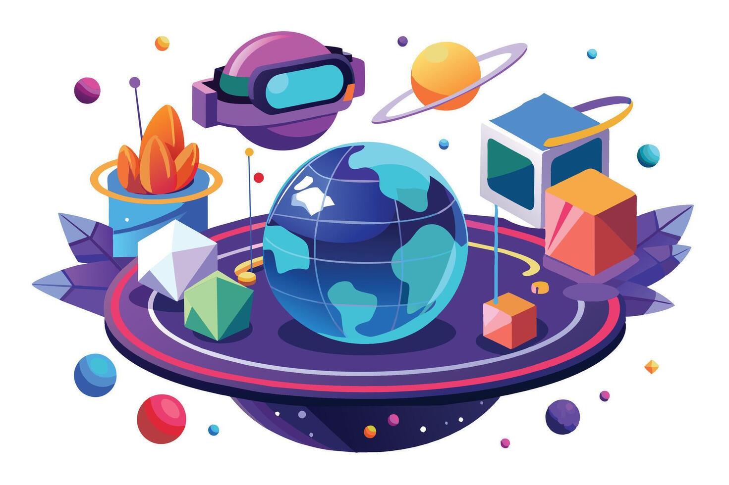 A colorful and imaginative 3D illustration depicting a futuristic Earth surrounded by various objects, including a VR headset, planets, and geometric shapes. vector