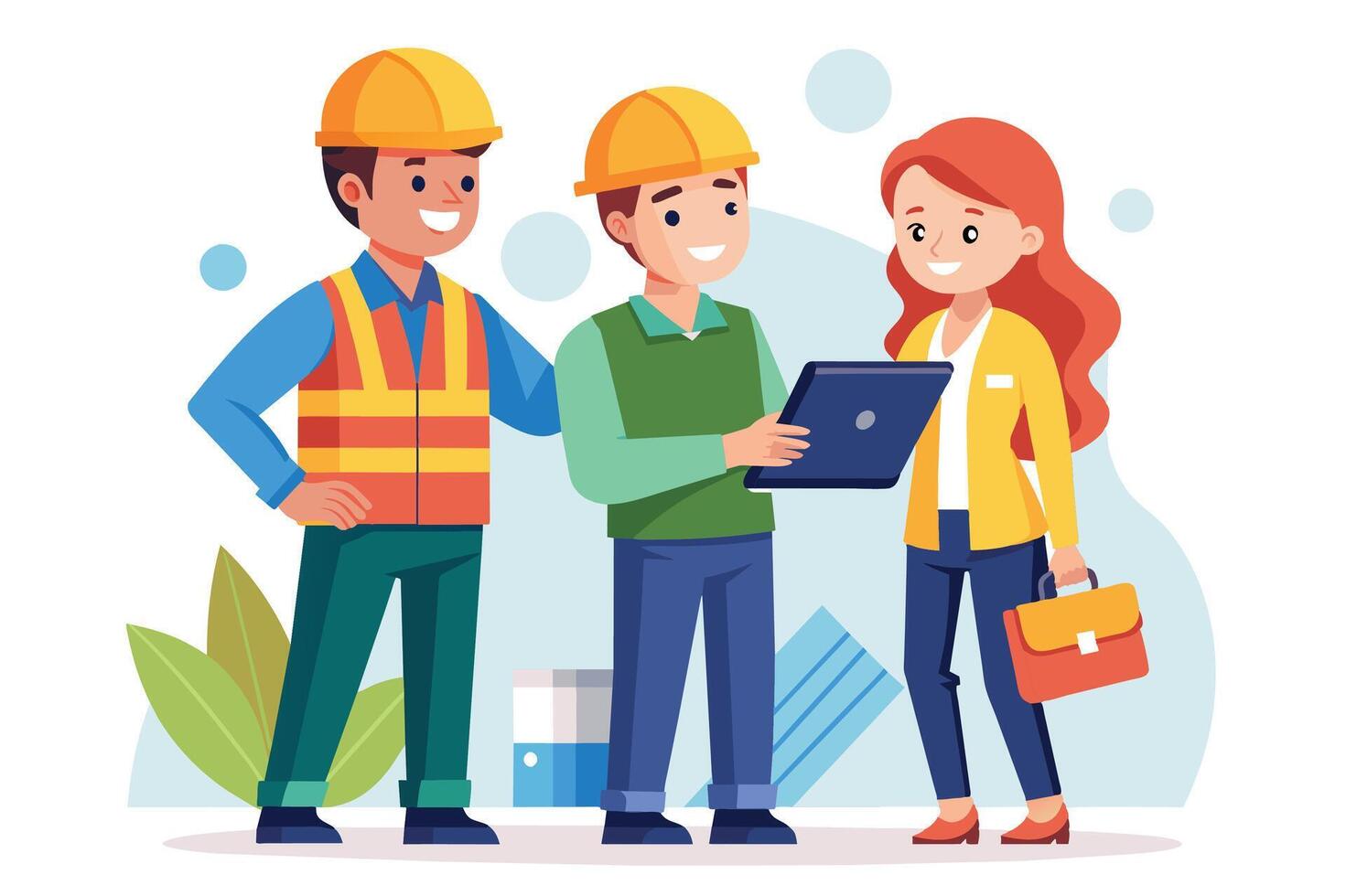 Two construction workers in hard hats and vests discuss project plans on a tablet with a client. vector