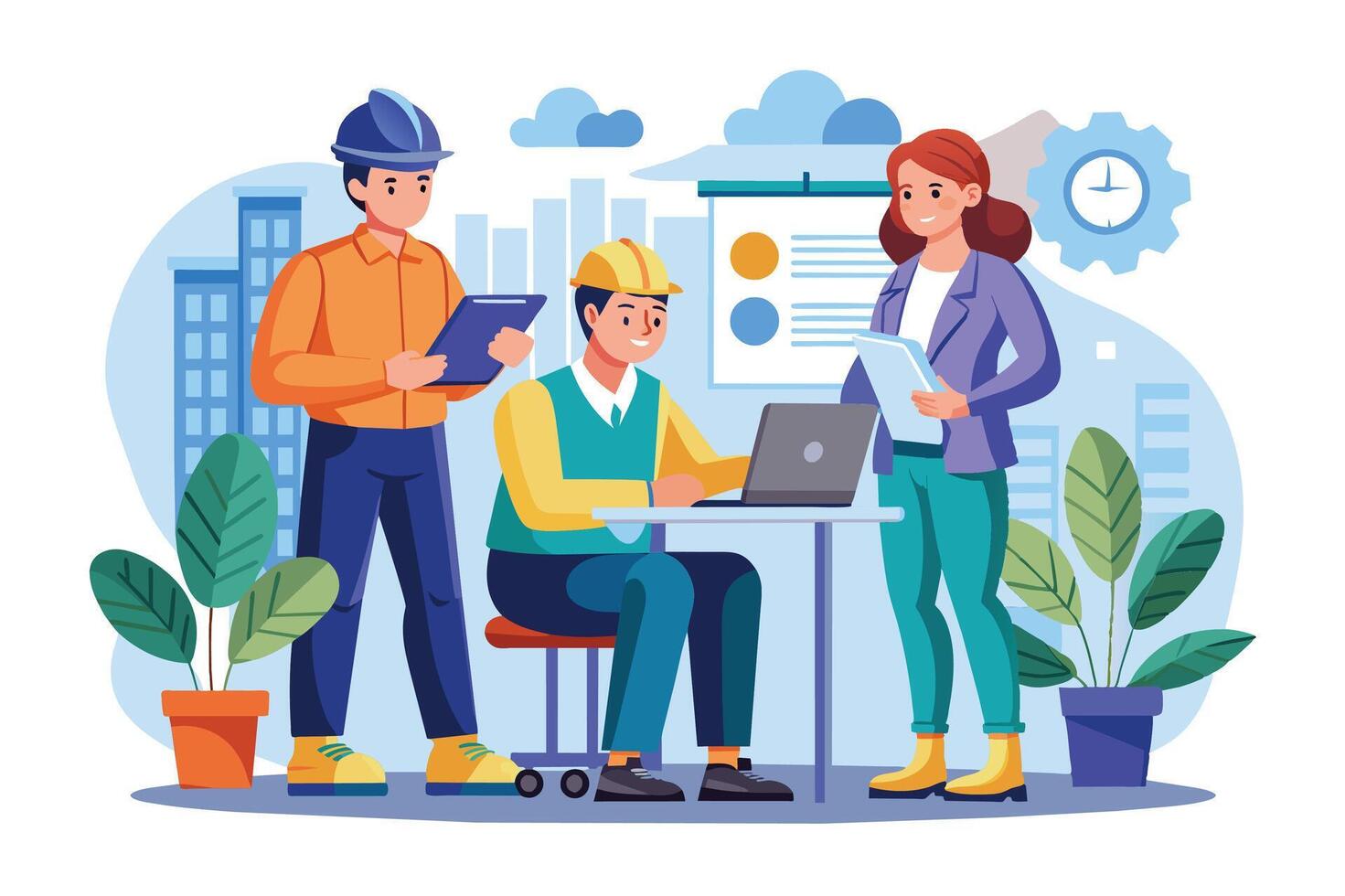 Three construction workers are gathered in an office, reviewing plans and discussing project details. vector