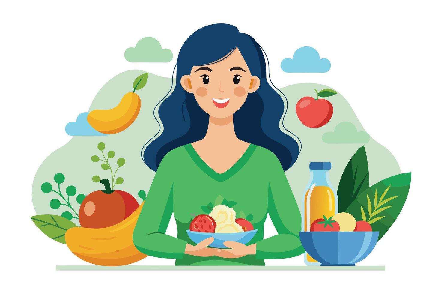 A smiling woman with long blue hair is holding a bowl of fresh salad in front of her. The salad is surrounded by other healthy foods like tomatoes, bananas, and an apple. vector