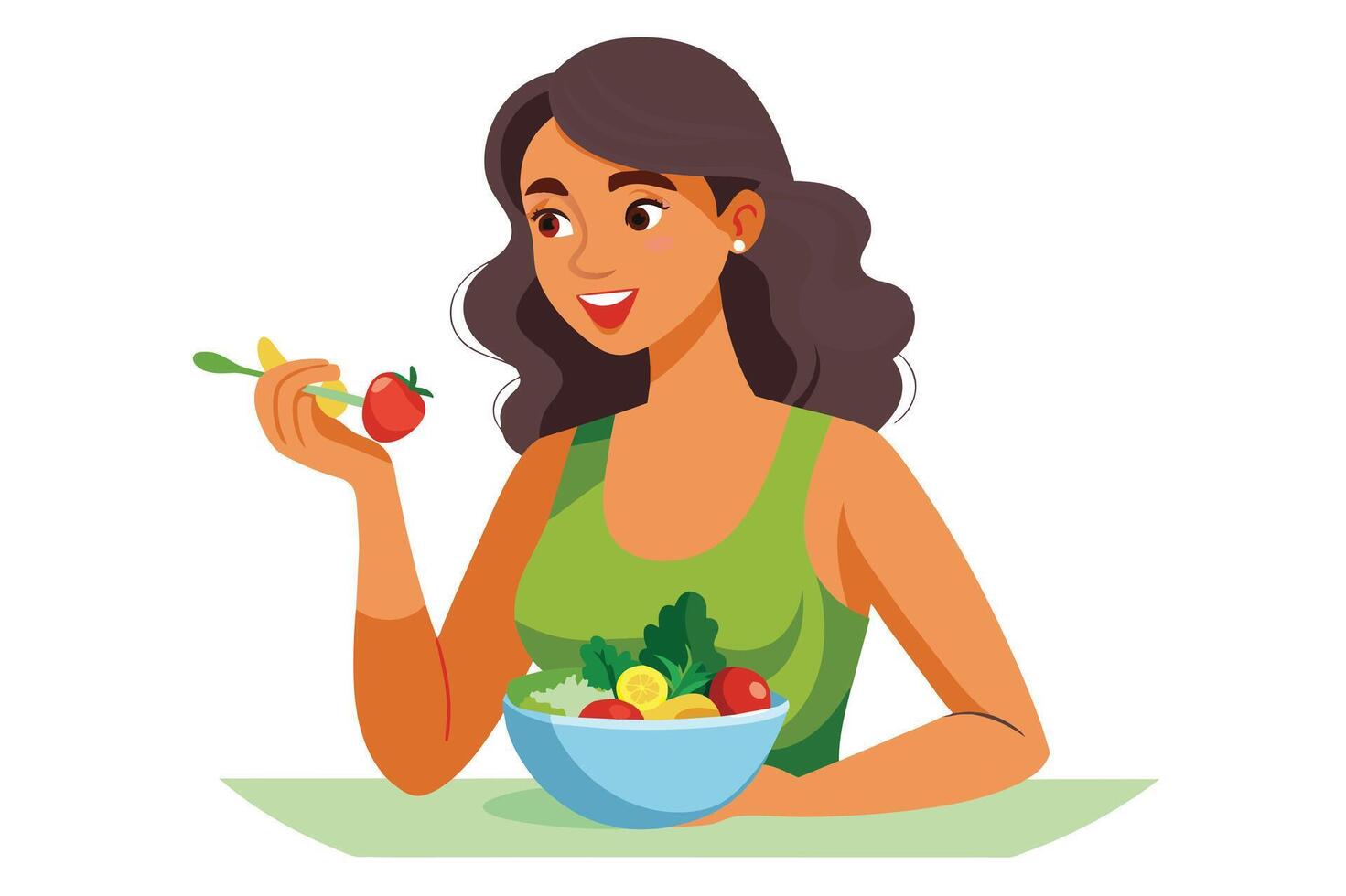 A woman with long brown hair is sitting at a table, happily eating a salad with her hands. She is wearing a green tank top and smiling. vector
