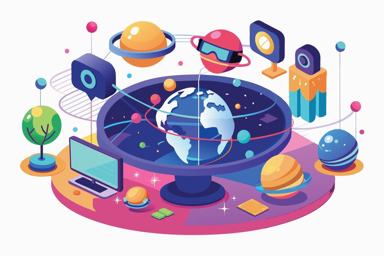 A colorful isometric illustration depicting a virtual reality experience with Earth in the center surrounded by planets, stars, and a computer screen. vector