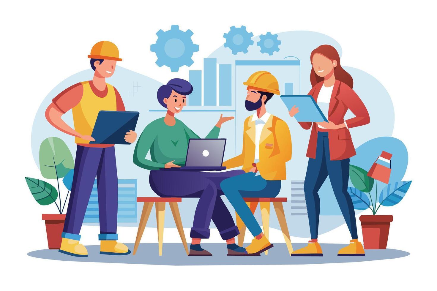 An illustration of four colleagues collaborating on a project. Two are seated, using laptops, while the other two stand, using a tablet and a laptop. vector