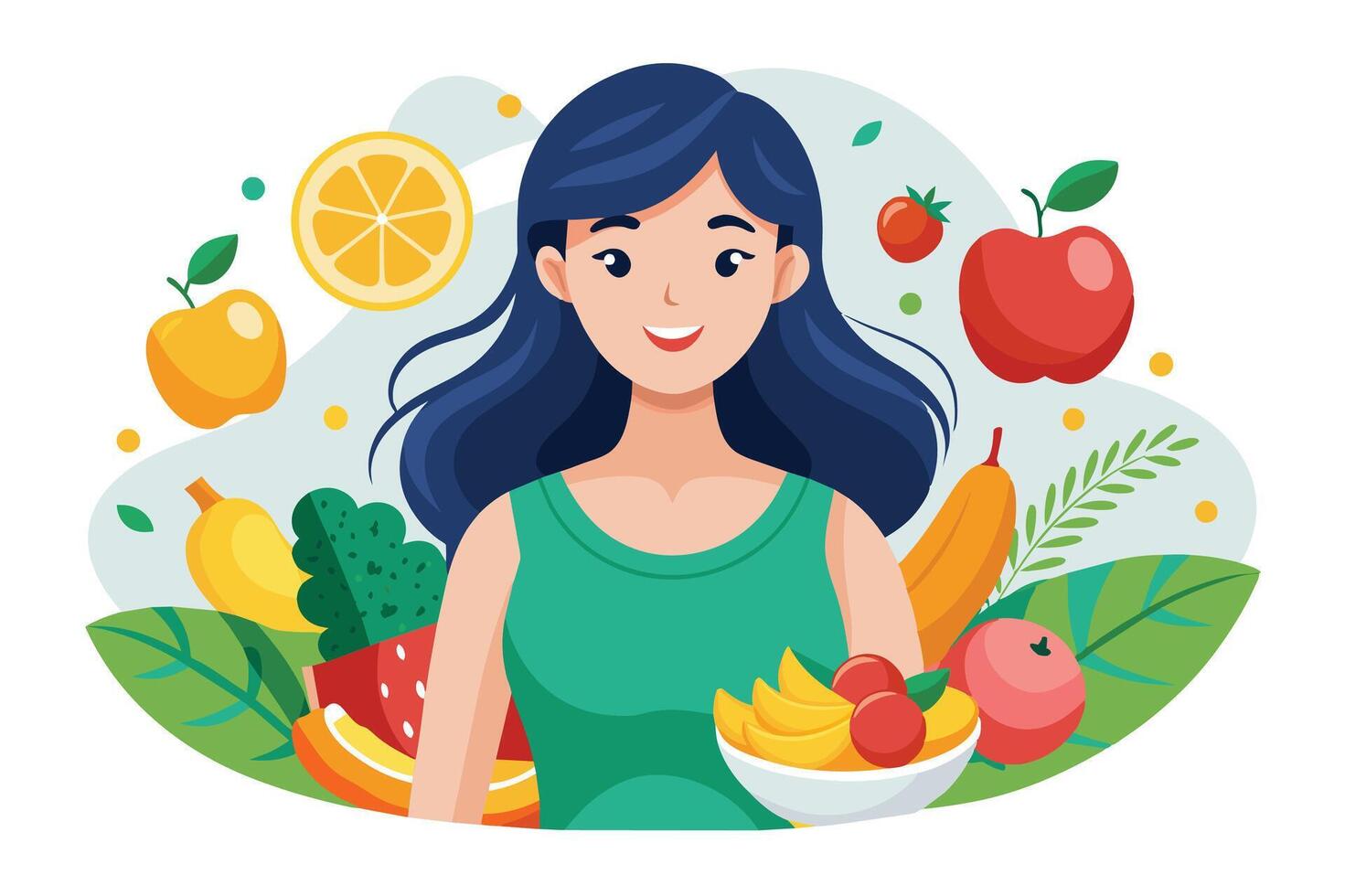 An illustration of a smiling woman with long blue hair holding a bowl of fruit surrounded by other healthy food like apples, bananas, and watermelon. vector