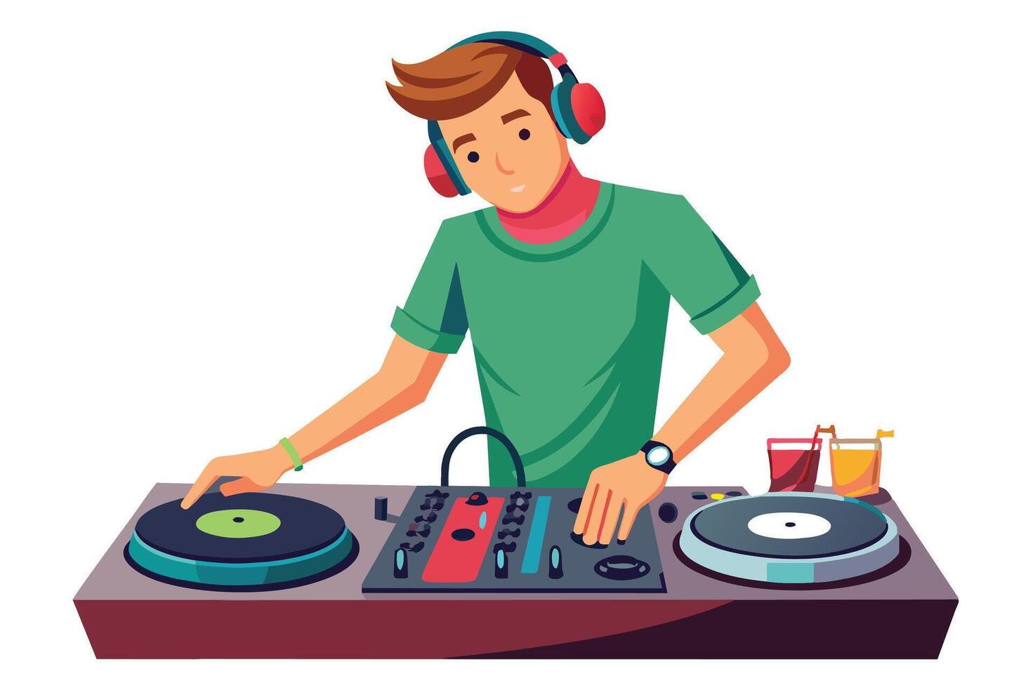 A young man wearing headphones stands behind a DJ mixer and turntable, adjusting the sound levels with his hands. vector