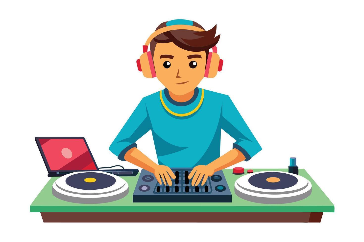 A cartoon DJ wearing headphones mixes music on a DJ setup with turntables and a laptop. vector