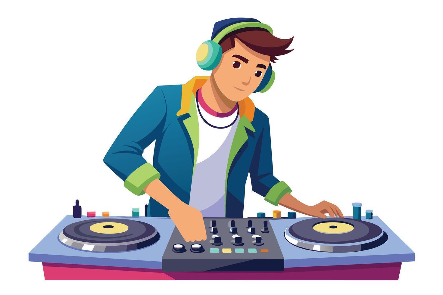 A cartoon illustration of a young man wearing headphones and mixing music on a DJ turntable. vector