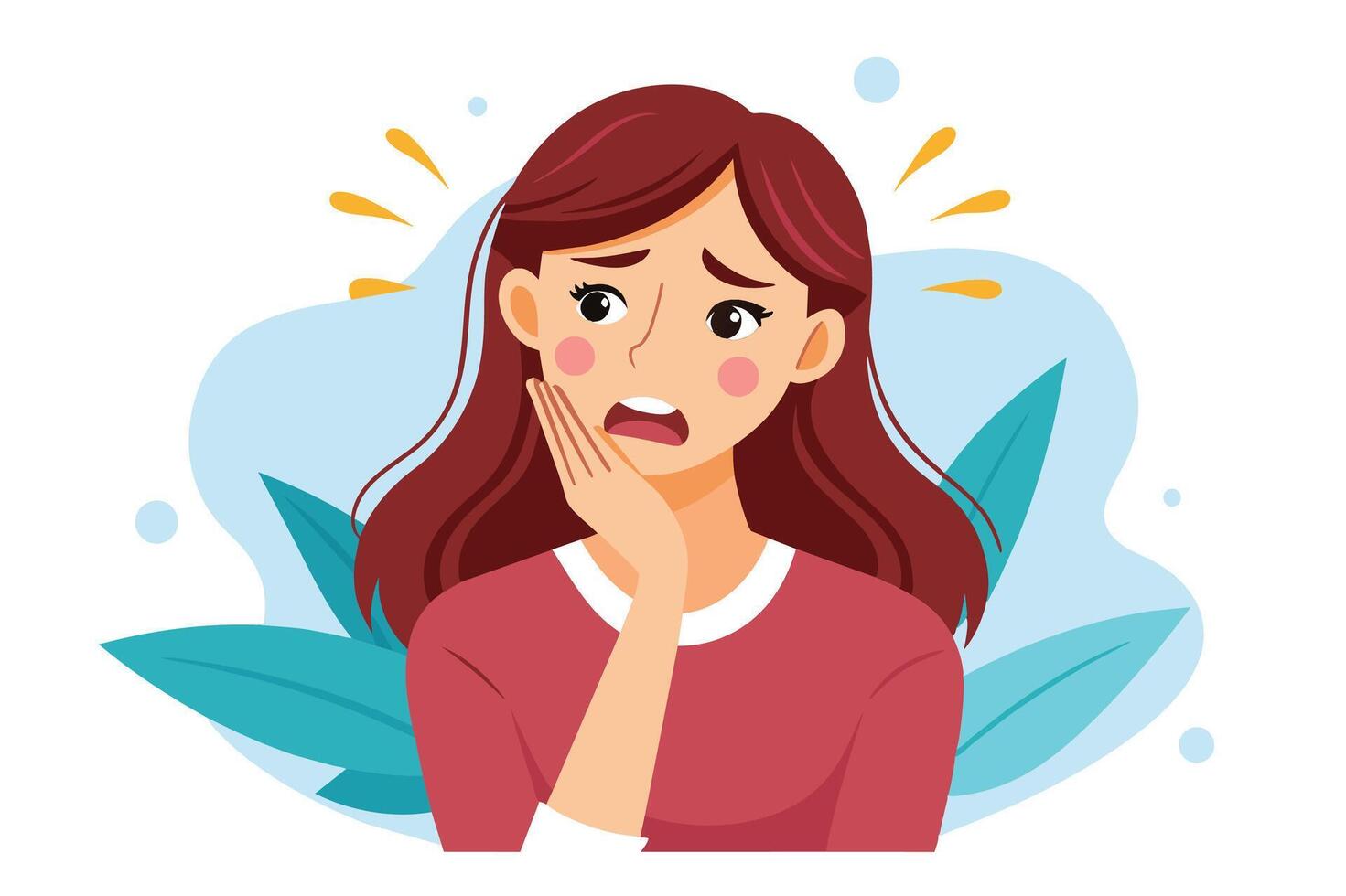 A young woman with red hair and a pink shirt is shown holding her cheek and looking concerned. She appears to be in pain. vector