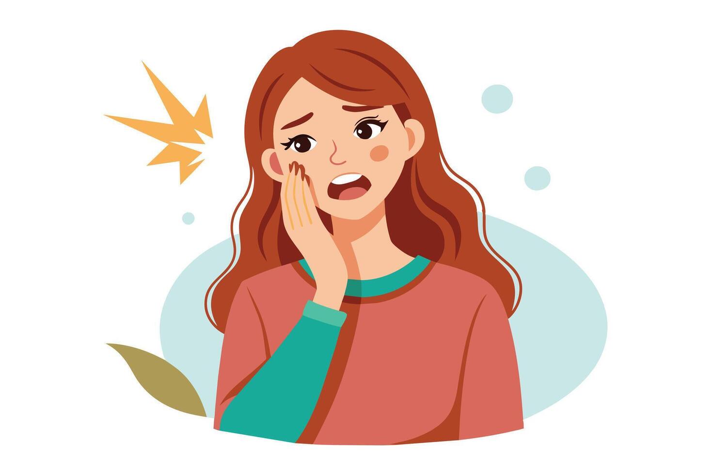 This illustration depicts a woman with a severe toothache, holding her cheek and grimacing in pain. vector