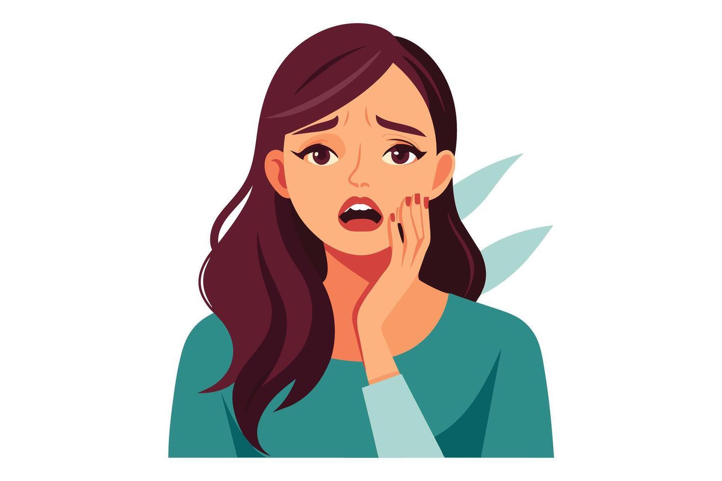 A cartoon illustration of a young woman with brown hair, wearing a turquoise shirt and looking distressed with her hand on her cheek, experiencing a toothache. vector
