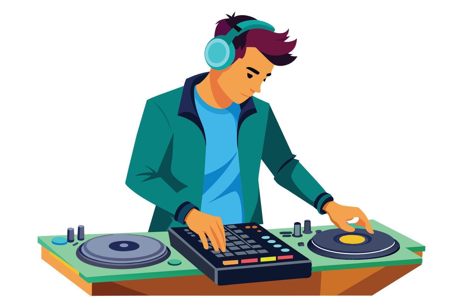 An illustration of a young man wearing headphones mixing music on a DJ mixer with two turntables. vector