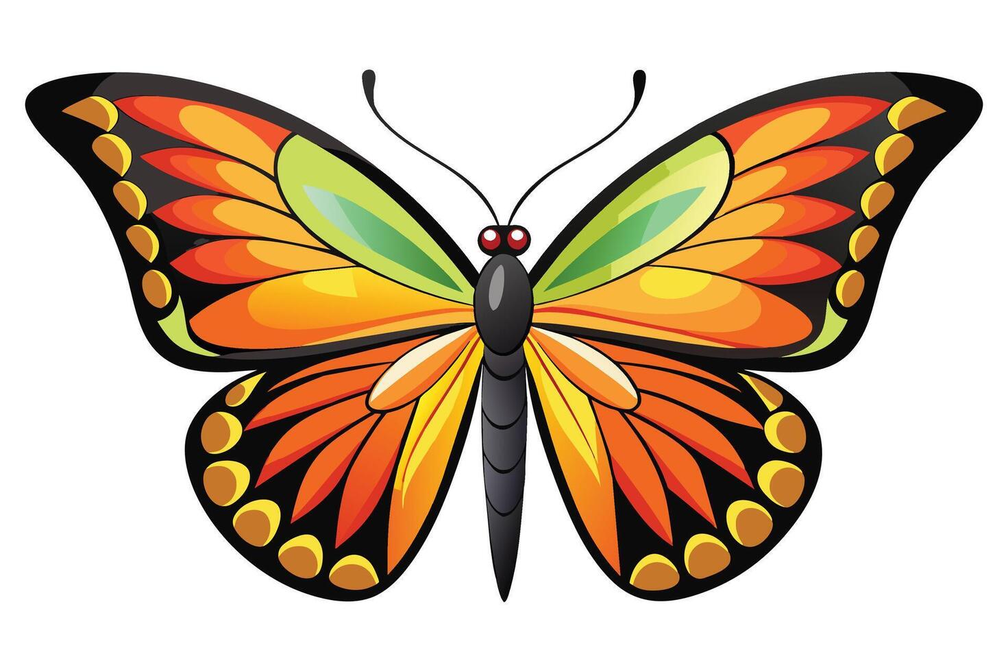 A colorful butterfly with orange, yellow, and green wings on a white background. vector