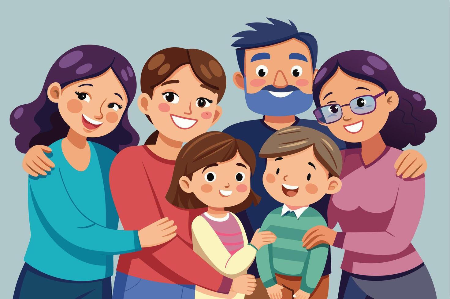 This illustration shows a happy family with two parents, two grandparents, and two children. The family is smiling and posing for a portrait. vector