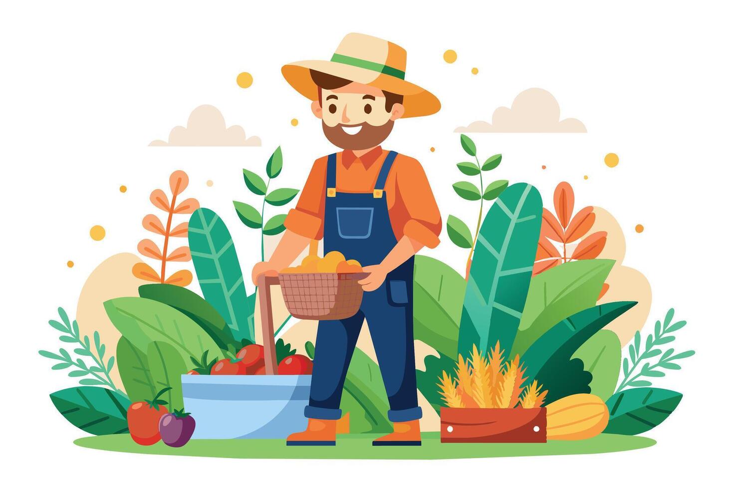 A happy farmer stands in a garden, holding a basket filled with harvested produce. He smiles as he looks toward his work, surrounded by vibrant greenery. vector