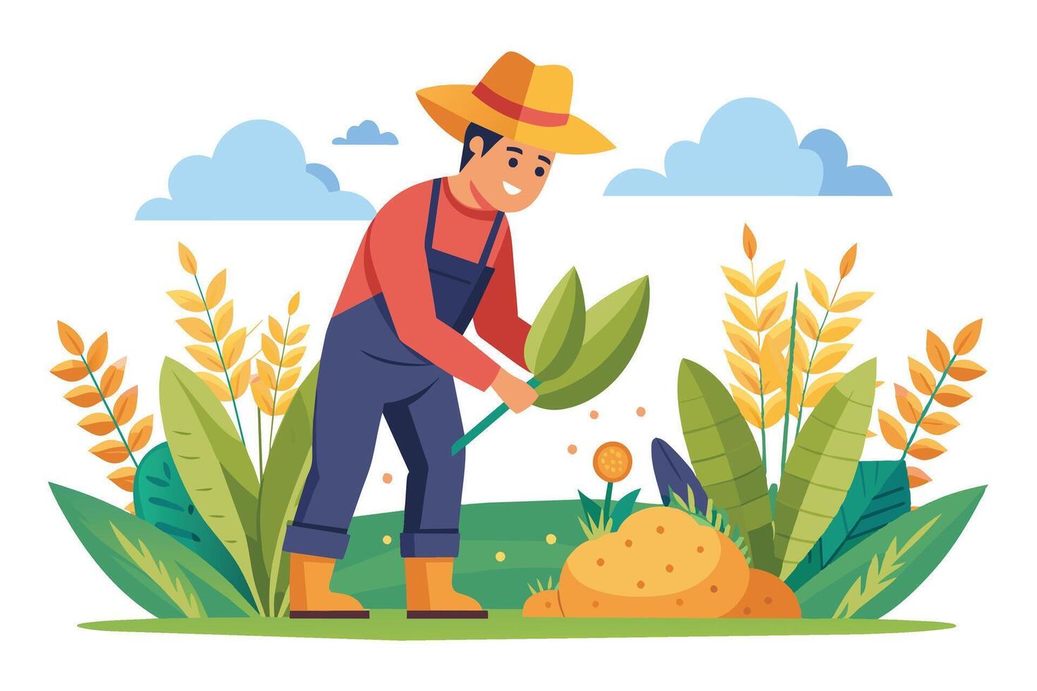A cartoon illustration of a happy farmer working in a field, surrounded by plants and flowers. vector