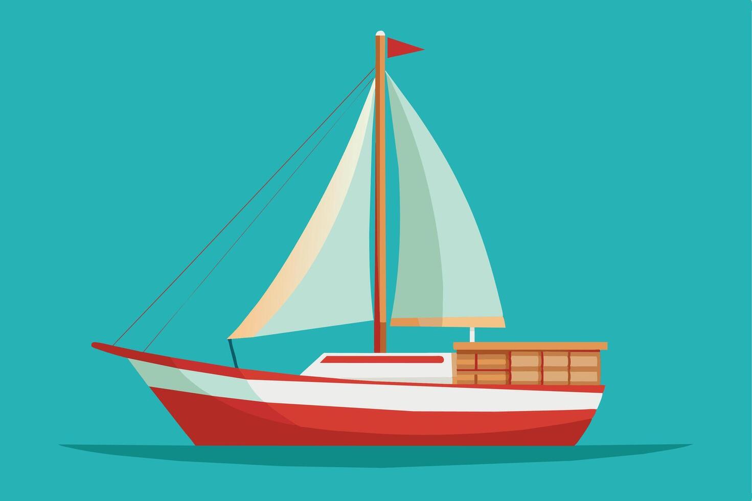 A simple illustration of a red and white sailboat with a wooden deck sailing on teal water. vector