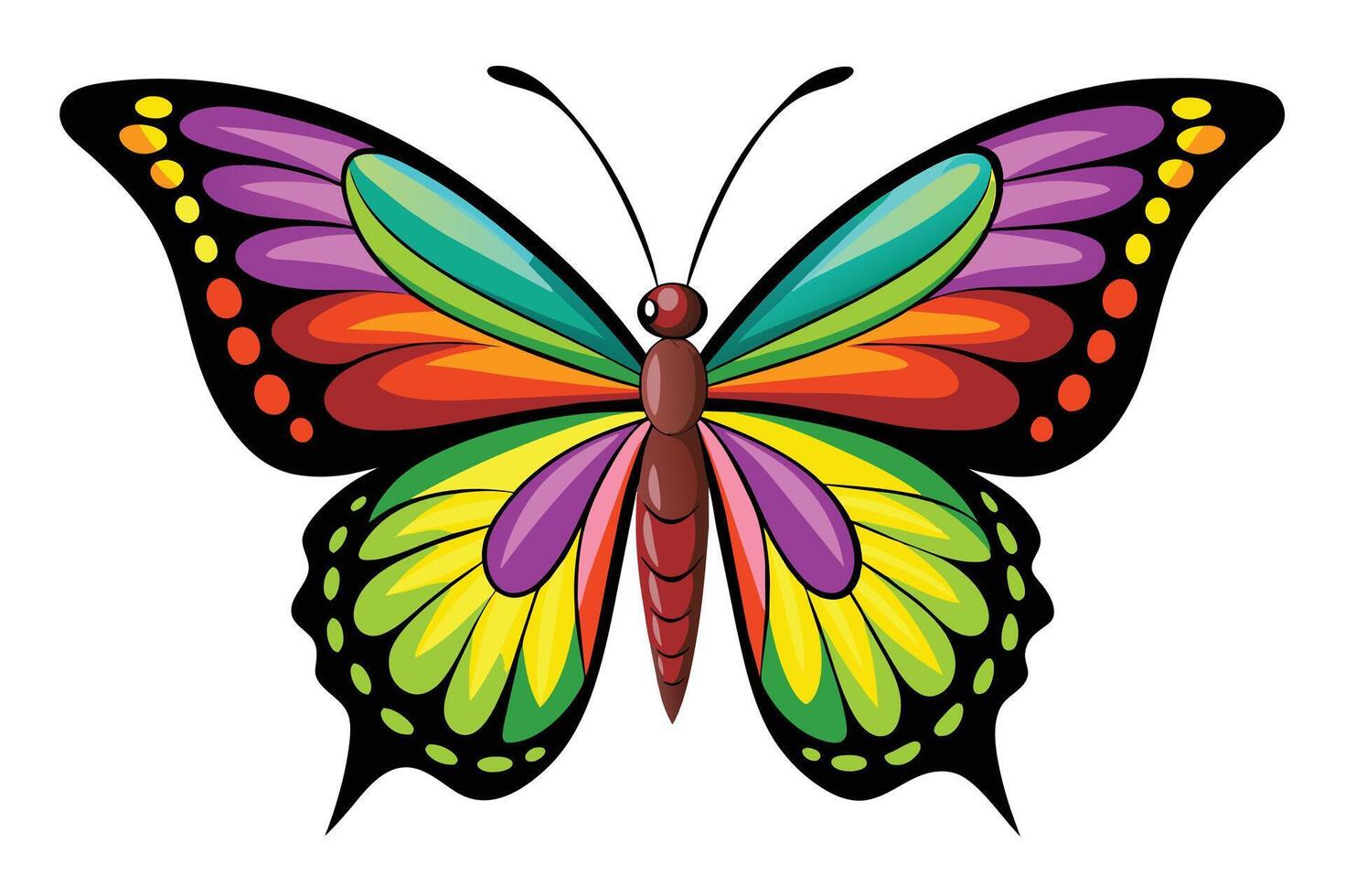 A vibrant, cartoon-style illustration of a butterfly with colorful wings against a white background. vector