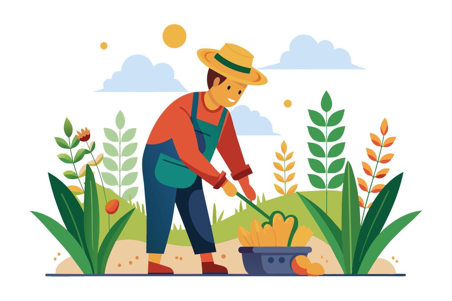 A farmer in a straw hat and overalls happily harvests potatoes from a field surrounded by green plants and flowers. vector