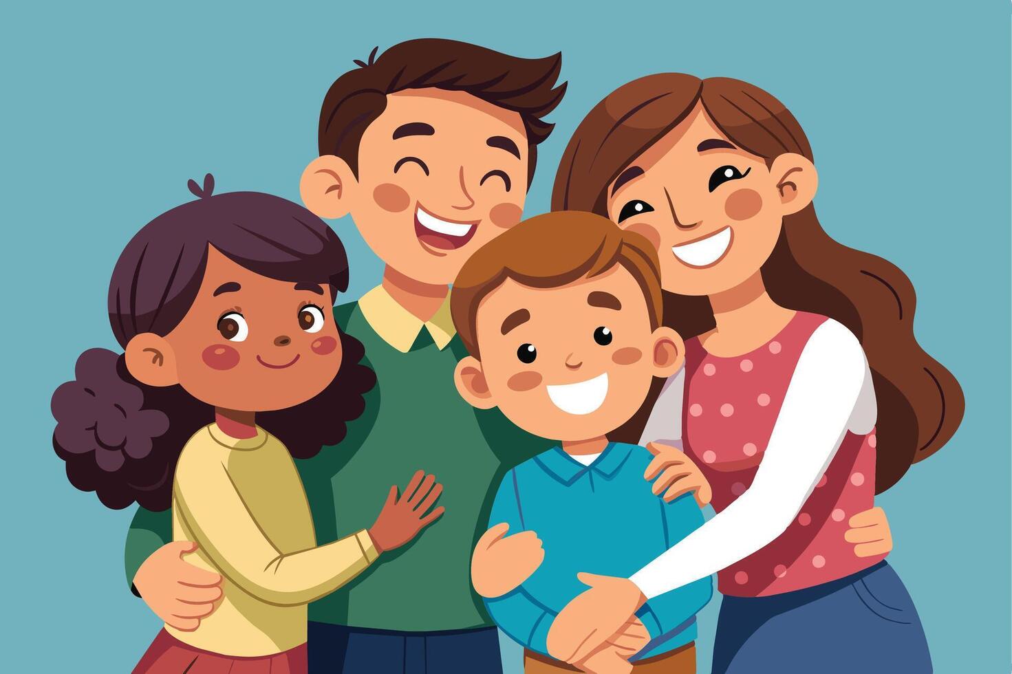 A happy family portrait of two parents and two children smiling and hugging each other. vector