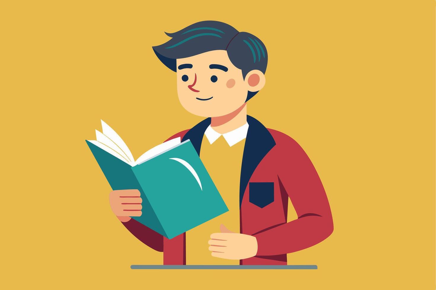 Cartoon of a young man with short, dark hair reading a book. He wears a red jacket over a yellow shirt with a white collar, smiling. Yellow background. vector