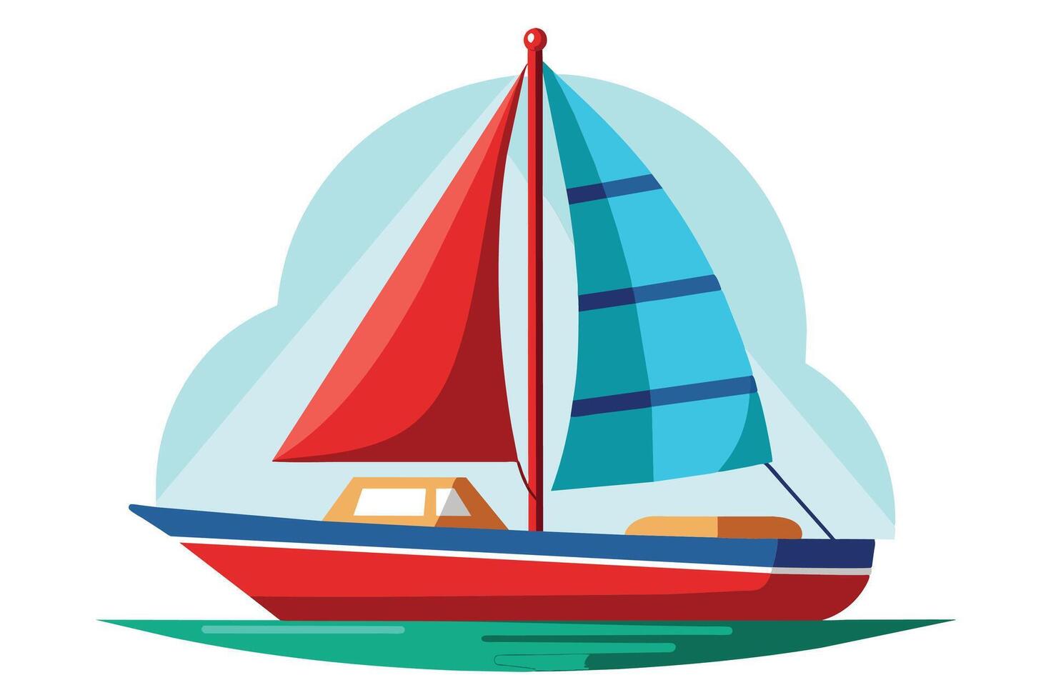 A cartoon illustration of a red and blue sailboat on a sunny day. The sailboat is sailing on the water and has a blue and red sail. vector