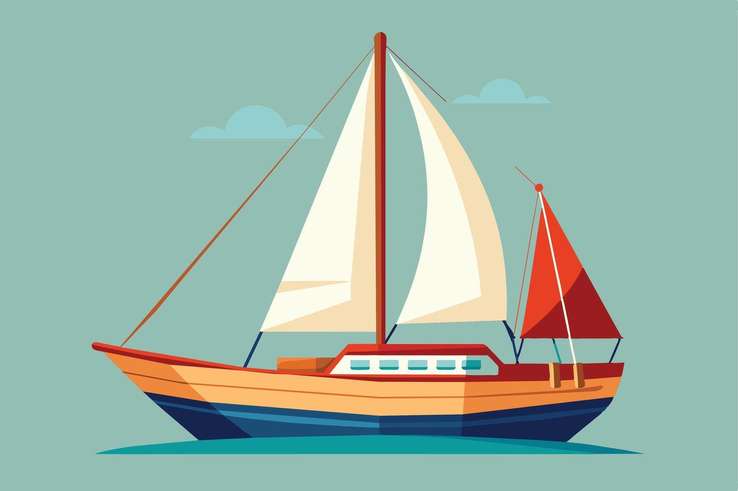 A wooden sailboat with a red and white sail glides across calm blue water under a bright blue sky with white clouds. vector