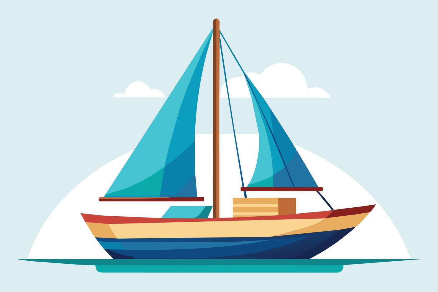 A vibrant cartoon illustration of a sailboat with blue sails sailing on a calm blue sea with a single white cloud in the sky. vector