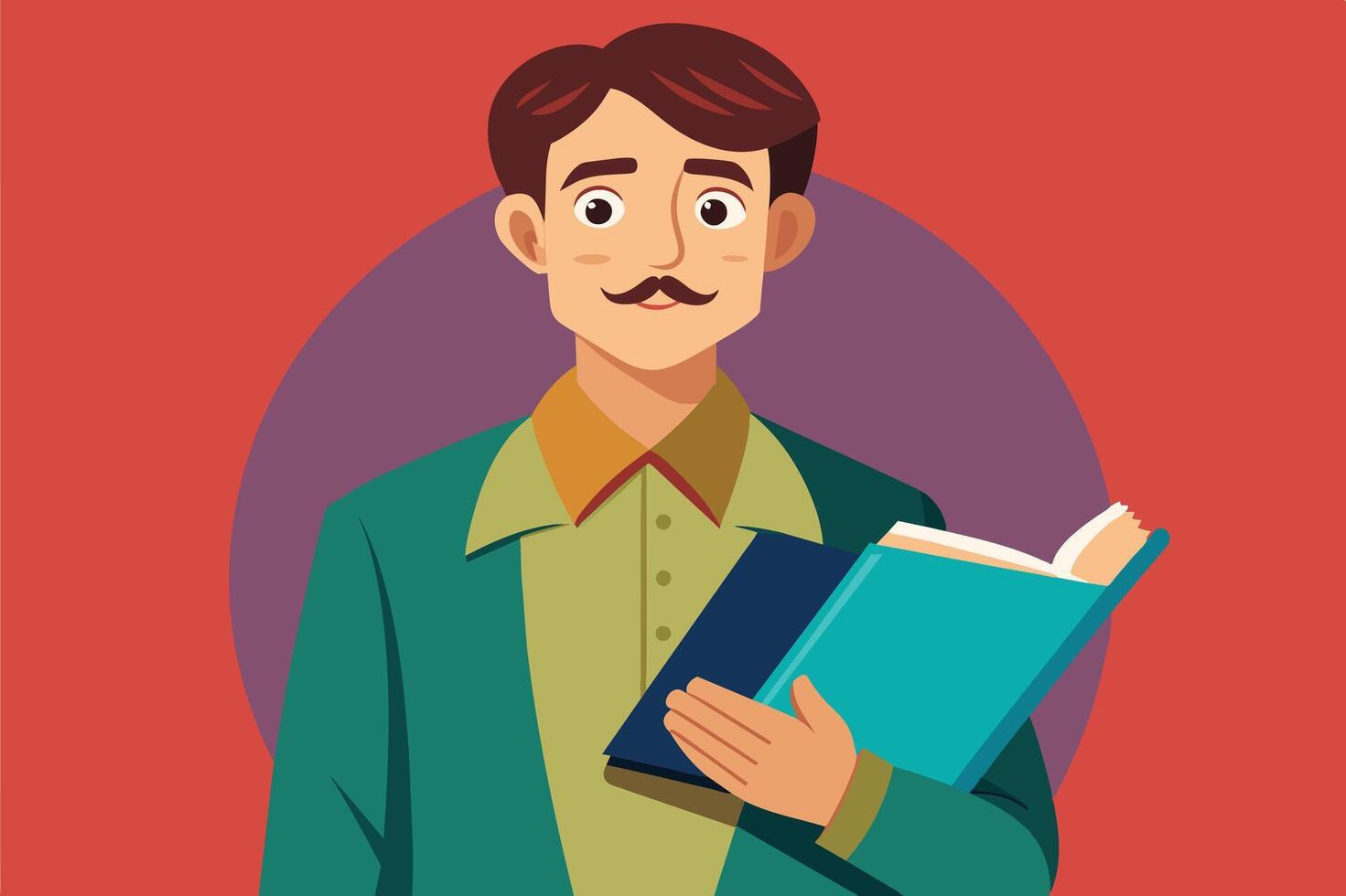 An illustration of a man with a mustache holding two books in front of a red background. vector