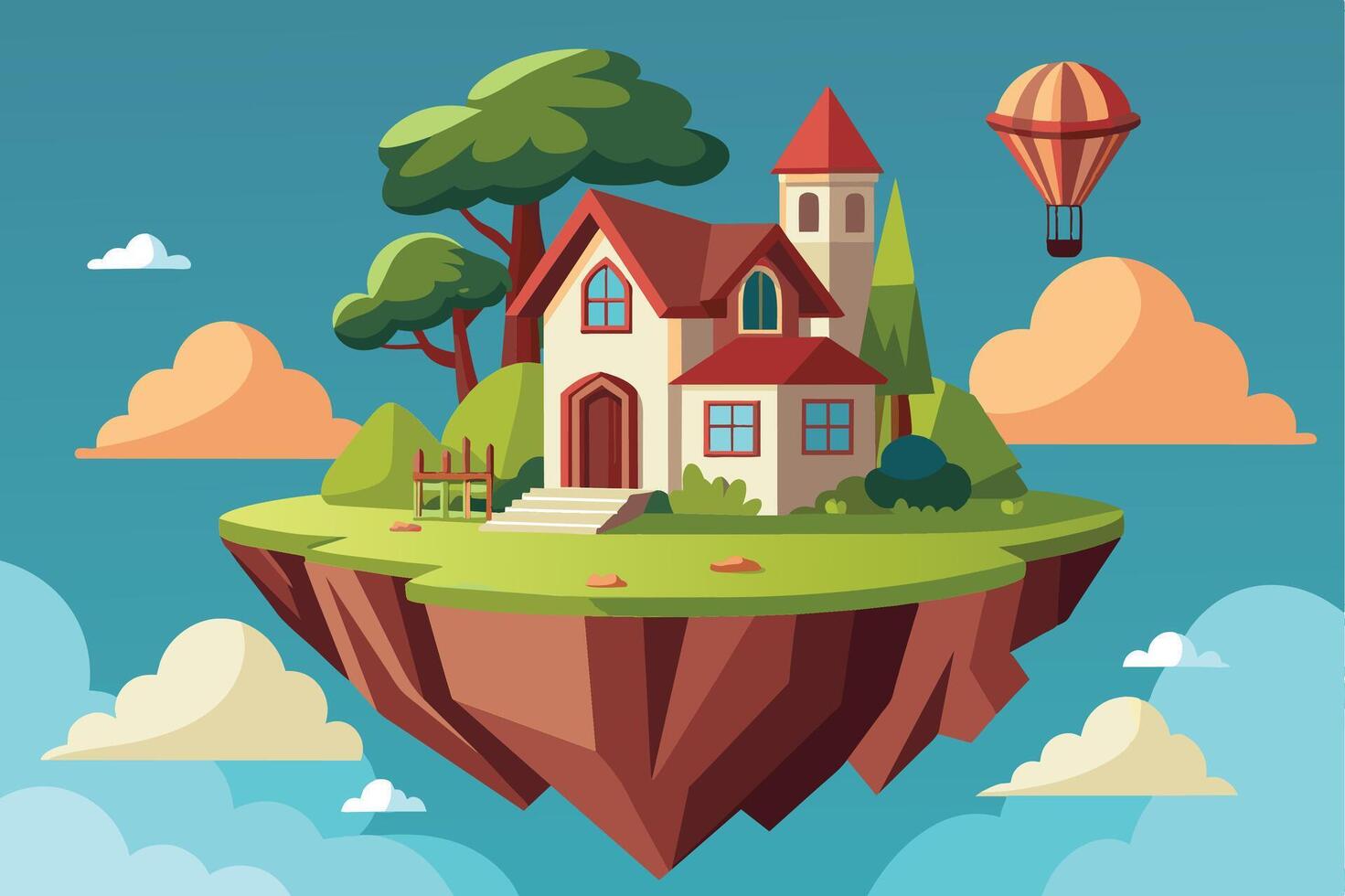 A cartoon illustration of a house on a floating island with a hot air balloon in the sky. vector