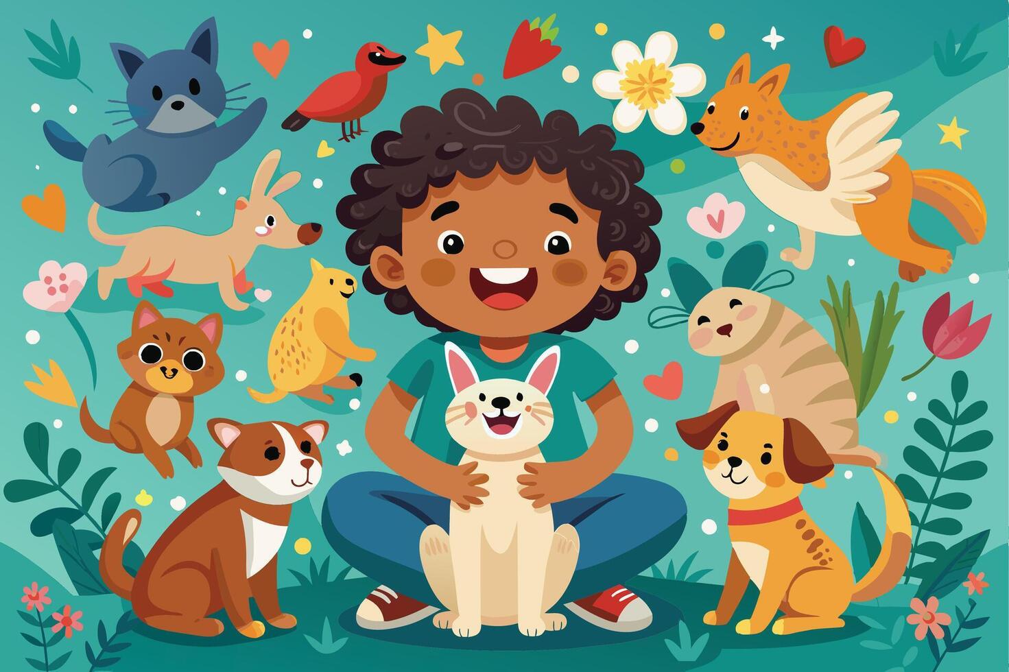 A cheerful young boy with curly brown hair sits with a white cat in his lap, surrounded by a variety of adorable pets and animals in a colorful spring garden. vector