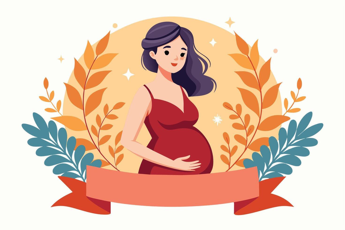 A cartoon illustration of a pregnant woman in a red dress standing in front of a yellow circle with a floral wreath and a ribbon. vector