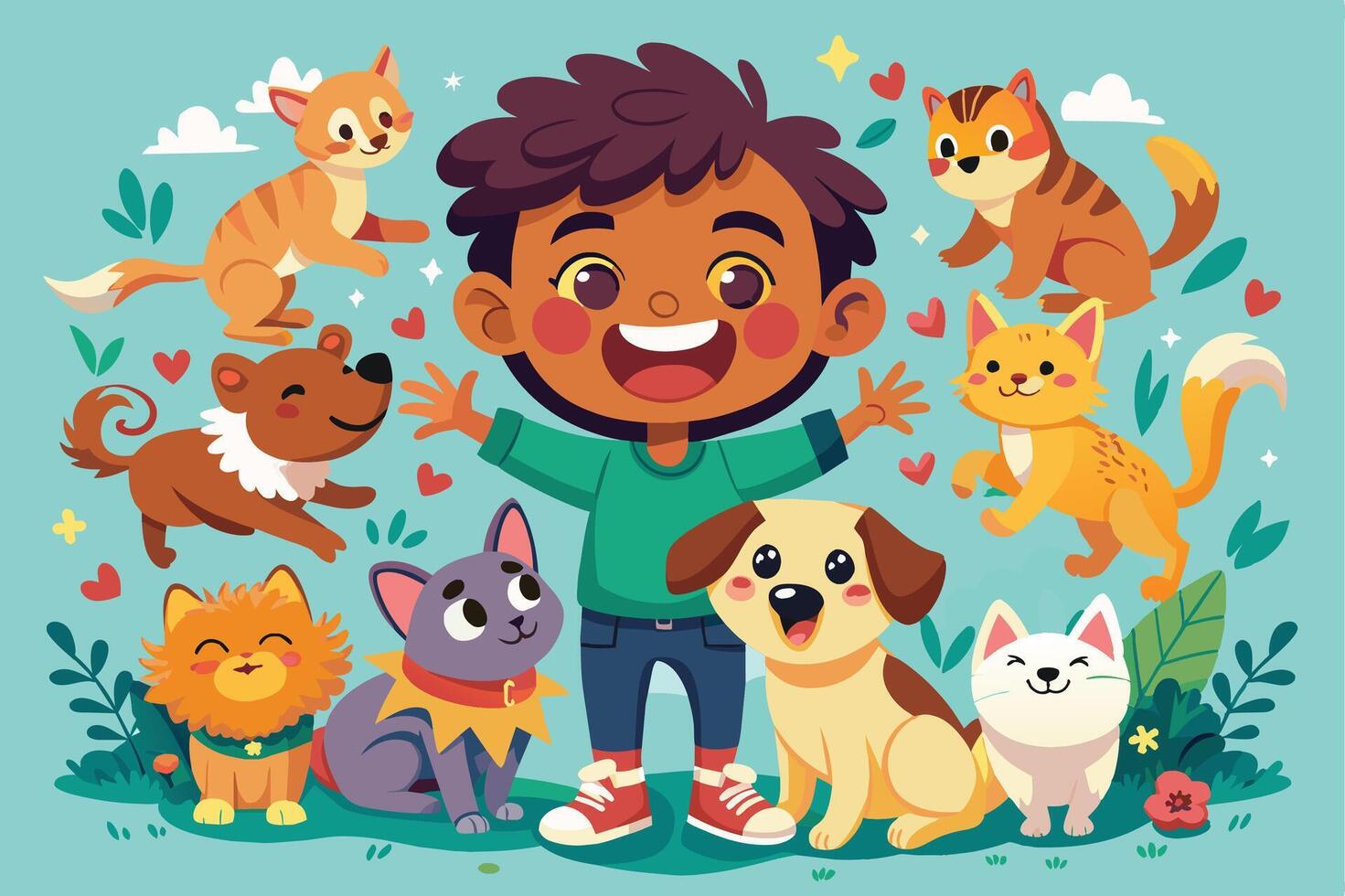 A cheerful cartoon boy is surrounded by a variety of adorable pets, including dogs and cats, in a playful illustration. vector