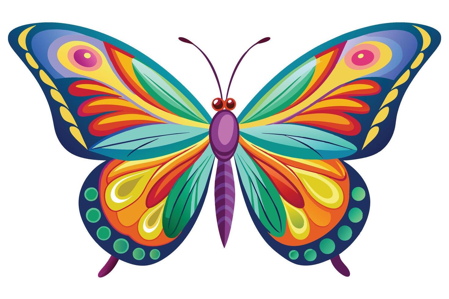 A brightly colored butterfly with intricate wing patterns, featuring shades of blue, green, yellow, orange, and red. The butterfly is depicted against a white background. vector